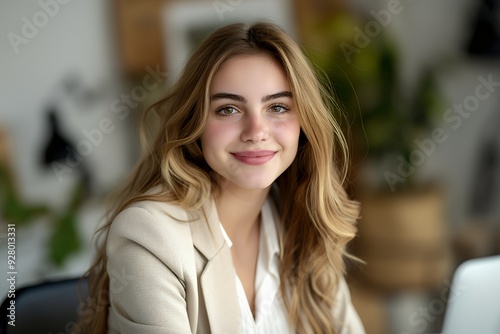 Close-up portrait of a smiling young woman with long blonde hair, wearing a beige blazer, looking at the camera.