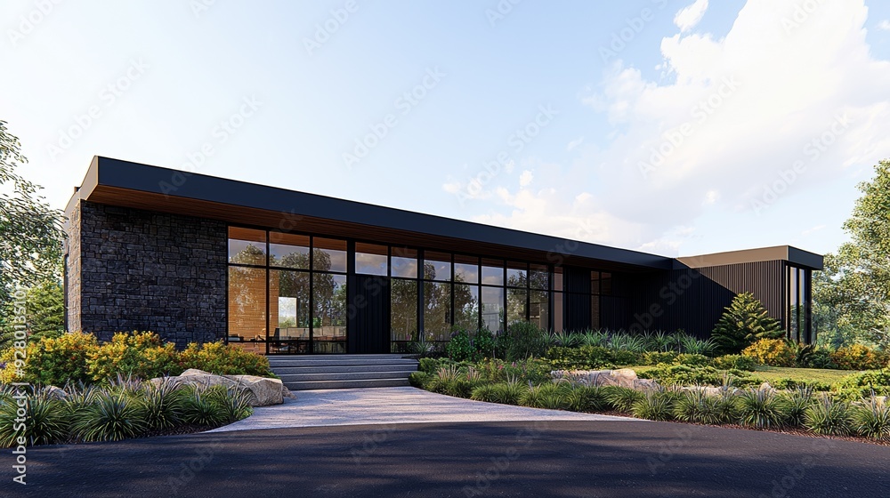 Modern house exterior with large windows surrounded by green landscape under a bright sky, showcasing contemporary architecture. Modern house exterior with large windows surrounded by green landscape under a bright sky, showcasing contemporary architecture.