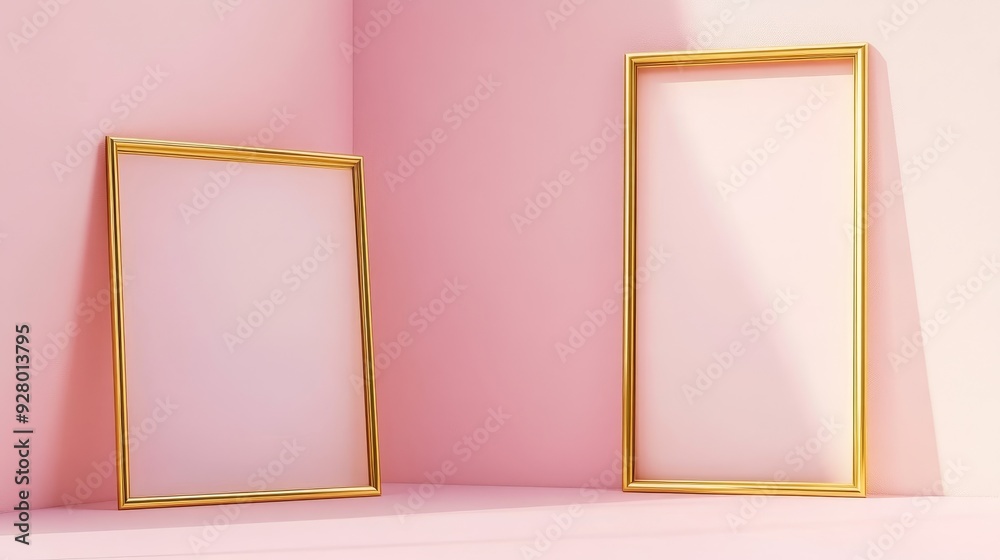 Two gold picture frames on pink background Two gold picture frames on pink background
