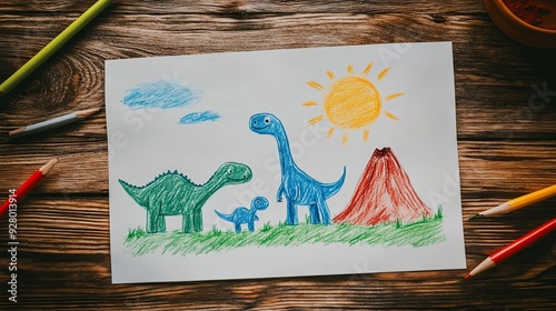Fototapeta Naklejka Na Ścianę i Meble -  Charming Child's Dinosaur Family Art, Prehistoric Scenery with Volcano and Sun, Drawn on Wooden Table