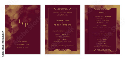 Wedding invitation template set, watercolor paintings in elegant red and gold tones