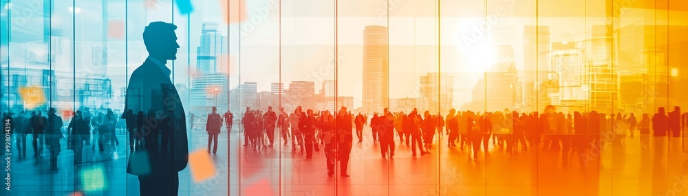 Silhouette of a person observing a busy cityscape during sunset, representing urban life and contemplation. Silhouette of a person observing a busy cityscape during sunset, representing urban life and contemplation.