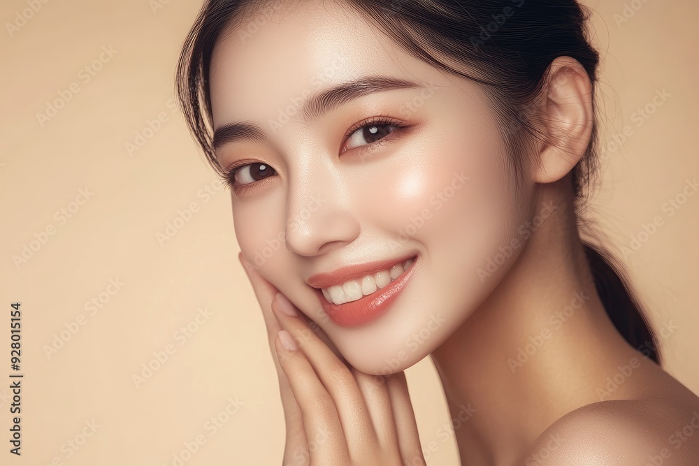 Fototapeta premium Skincare. Woman with beautiful face touching healthy facial skin portrait. Beautiful smiling Asian girl model with natural makeup enjoys glowing hydrated skin on beige with generative ai