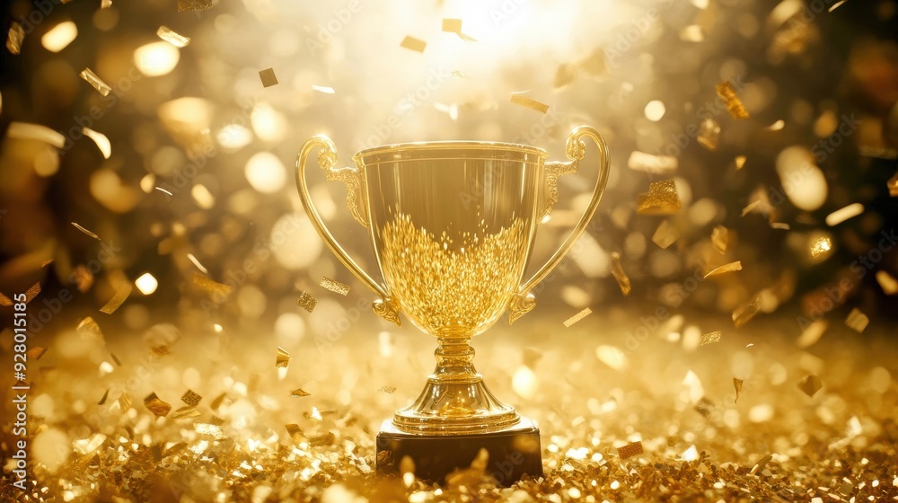 Bright gold trophy cup surrounded by an explosion of festive confetti and glitter, celebrating success and victory in a competition Bright gold trophy cup surrounded by an explosion of festive confetti and glitter, celebrating success and victory in a competition