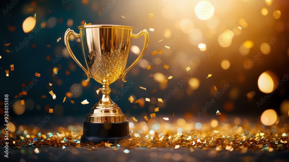 Golden winners trophy cup in the spotlight, with vibrant confetti and glitter bursting around, symbolizing competition success and victory Golden winners trophy cup in the spotlight, with vibrant confetti and glitter bursting around, symbolizing competition success and victory
