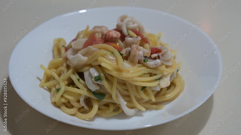 spaghetti ai frutti di mare fatti in casa e impiattati in un piatto bianco sul bancone della cucin spaghetti ai frutti di mare fatti in casa e impiattati in un piatto bianco sul bancone della cucin