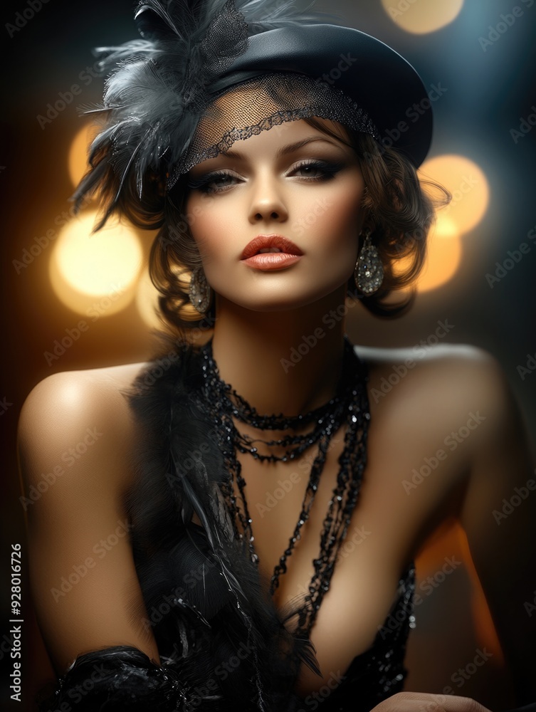 Fototapeta premium Flapper fashion of 1920s - low-waisted, beaded dresses, short bob hairstyles, vibrant make-up, iconic accessories, representing cultural shift towards freedom, independence, jazz dynamic spirit.