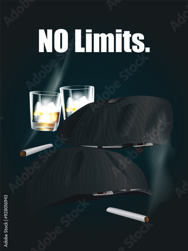 Blinders cap with bloody blades of gangsters. Poster with the text No limits. Stylish black hats and two glasses of whiskey with ice and cigarettes. Vector criminal illustration.