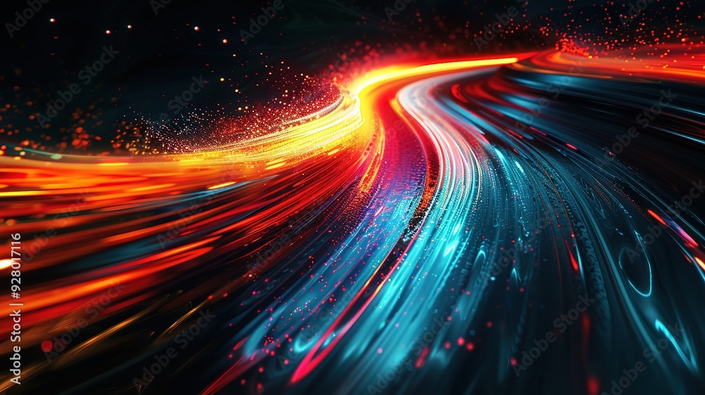 Abstract background with swirling, glowing lines and bokeh lights in blue and orange hues. Abstract background with swirling, glowing lines and bokeh lights in blue and orange hues.
