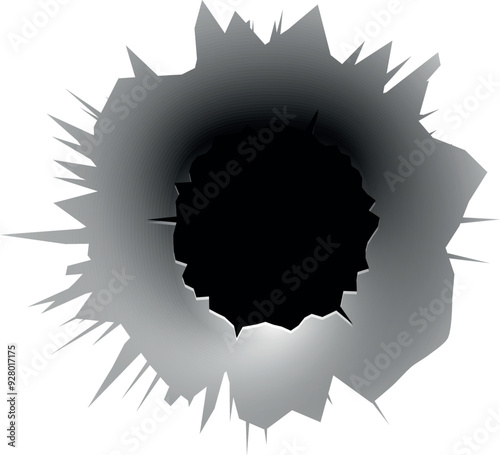 Bullet hole in white surface with realistic torn edges