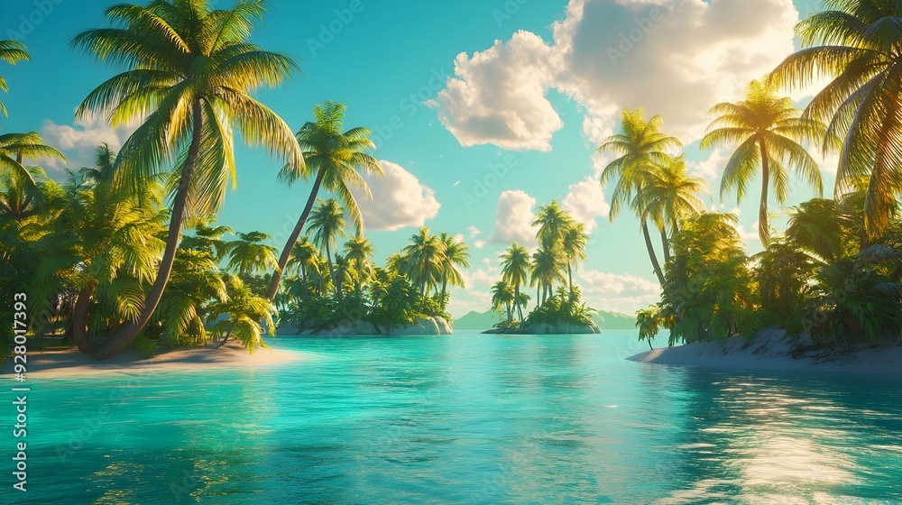 Breathtaking 3D Rendering of a Lush Tropical Island Surrounded by Turquoise Seas and Swaying Palm Trees Offering a Serene and Picturesque Escape from the Everyday