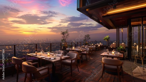 Luxury rooftop restaurant with panoramic city view, luxurious and beautiful atmosphere