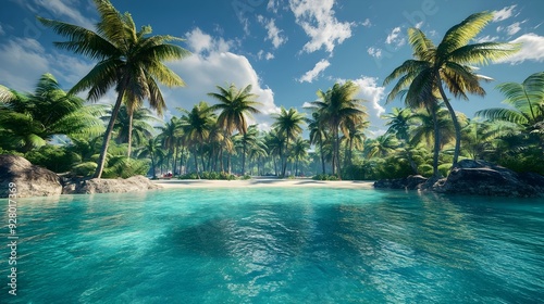 Stunning 3D rendered tropical island scene with swaying palm trees surrounded by vibrant turquoise and vibrant in photo