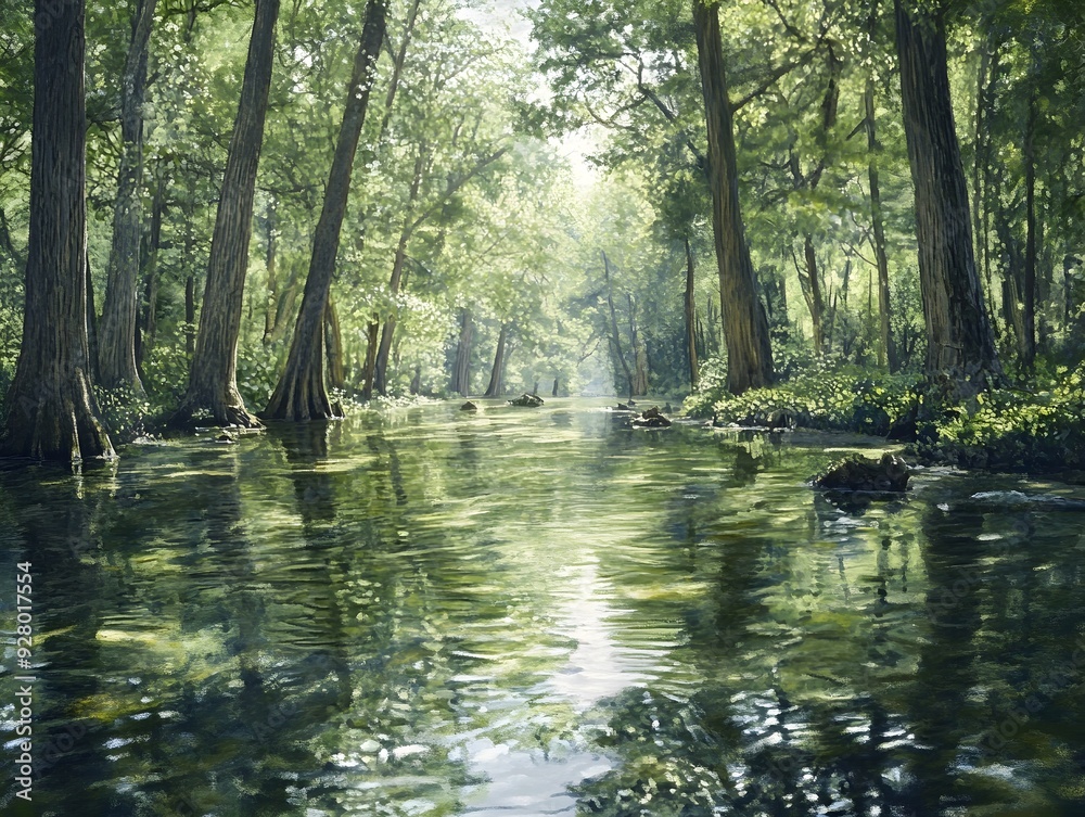 Obraz premium A crystal clear river flows gently through a dense towering ancient forest the water reflecting the majestic trees and lush foliage in a landscape bathed in soft natural lighting
