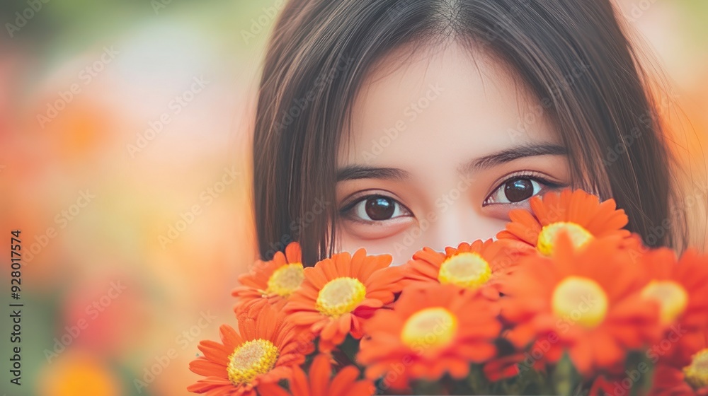 Close-up of a woman's eyes looking through a bouquet of orange flowers. Close-up of a woman's eyes looking through a bouquet of orange flowers.