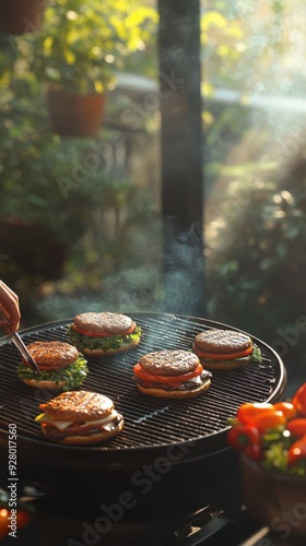Sizzling burgers on a grill with fresh vegetables, capturing the essence of outdoor cooking and summer gatherings.