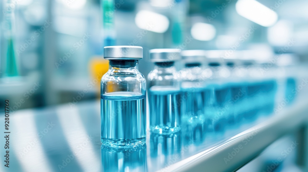 Close-up view of an advanced vaccine production line, operating in a sleek factory with immaculate, well-lit conditions Close-up view of an advanced vaccine production line, operating in a sleek factory with immaculate, well-lit conditions