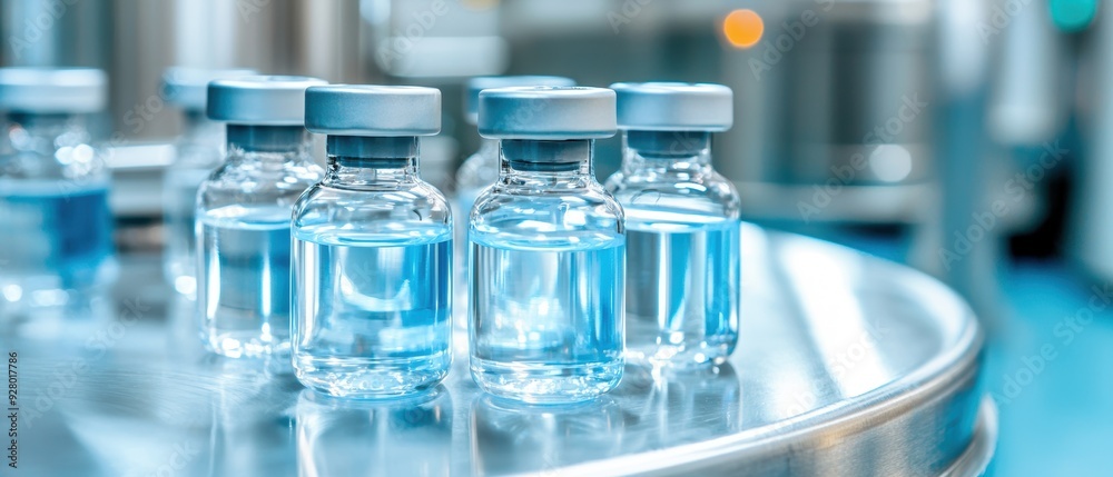 Detailed view of a sophisticated vaccine production line, in a modern factory setting with clean, well-lit surroundings Detailed view of a sophisticated vaccine production line, in a modern factory setting with clean, well-lit surroundings