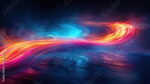 Abstract background with vibrant light streaks in blue and red hues.