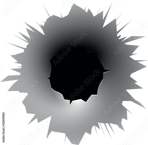 Realistic gunshot hole. Bullet destruction ragged mockup