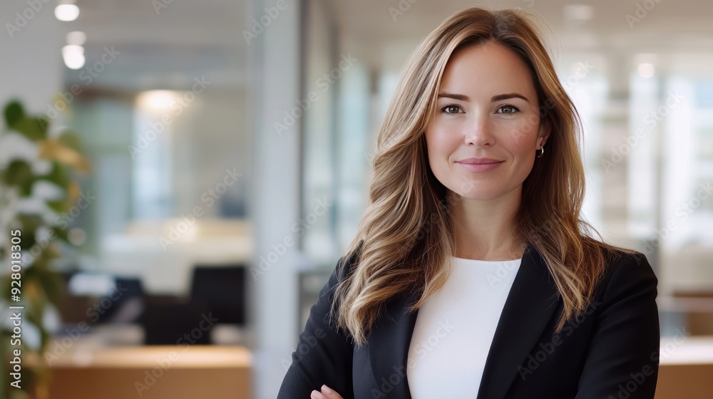 Confident businesswoman with arms crossed, smiling at the camera.