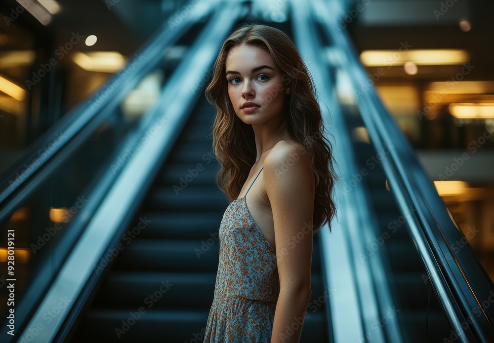A stunning girl in a white dress poses by an escalator, with perfect lighting capturing her elegant stance and direct gaze. A stunning girl in a white dress poses by an escalator, with perfect lighting capturing her elegant stance and direct gaze.