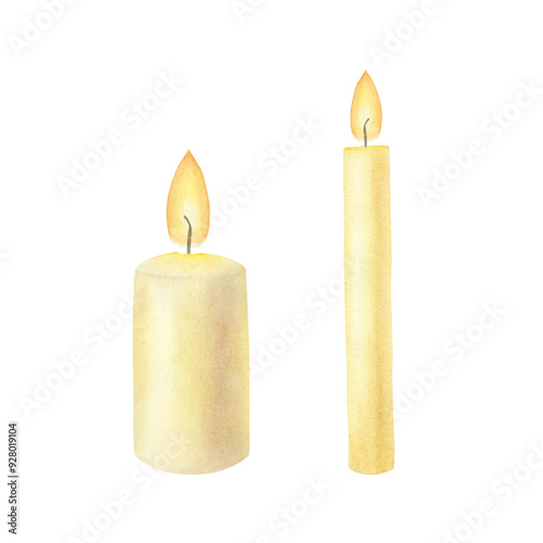 Set of yellow wax candle with burning flame on isolated background. Hand drawn watercolor illustration. Clip art for design, cards, labels, invitations, congratulations, packaging, printing