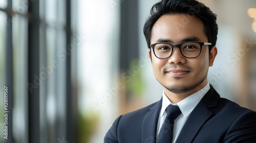 Portrait of a young businessman in a suit and tie smiling and looking at the camera.