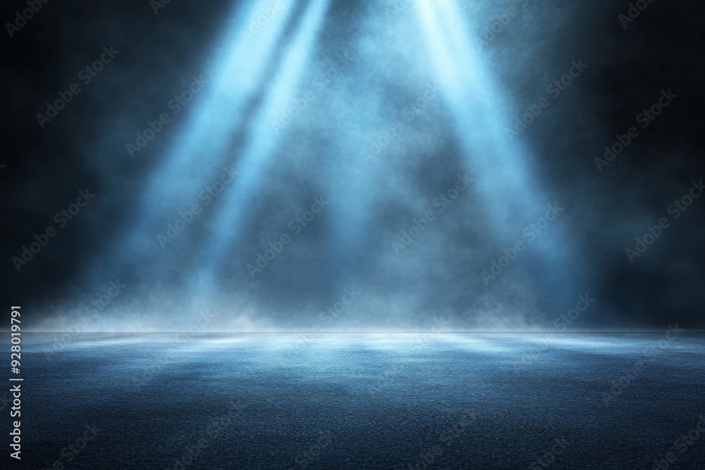 Abstract blue light rays illuminating foggy dark space with spotlight on empty asphalt floor, creating a mysterious atmosphere for product presentation or branding concepts. Abstract blue light rays illuminating foggy dark space with spotlight on empty asphalt floor, creating a mysterious atmosphere for product presentation or branding concepts.