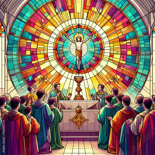 A colorful stained glass window depicting Jesus Christ and a group of people