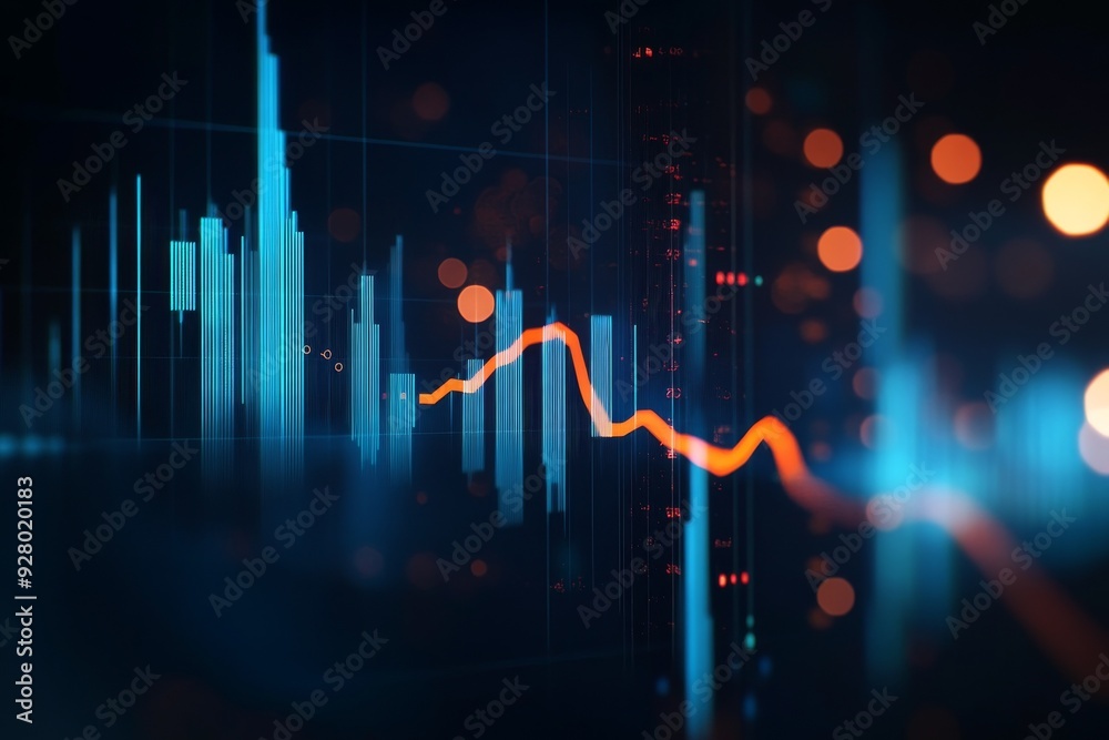 Dynamic stock market graph with blue and orange lines on dark background, featuring candlestick charts and a red line indicating significant upward growth with blurred light effects. Dynamic stock market graph with blue and orange lines on dark background, featuring candlestick charts and a red line indicating significant upward growth with blurred light effects.
