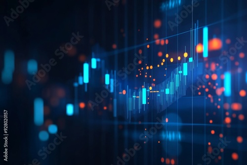 Dynamic stock market graph with blue and orange lines on dark background, featuring candlestick charts and a red line indicating significant upward growth with blurred light effects.