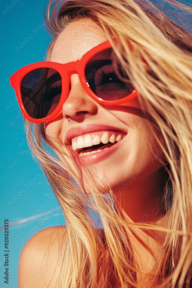 Close-up of a smiling blonde woman with long hair, wearing red sunglasses against a bright blue sunlit background, capturing a natural, happy moment as if sunbathing on the beach. Close-up of a smiling blonde woman with long hair, wearing red sunglasses against a bright blue sunlit background, capturing a natural, happy moment as if sunbathing on the beach.
