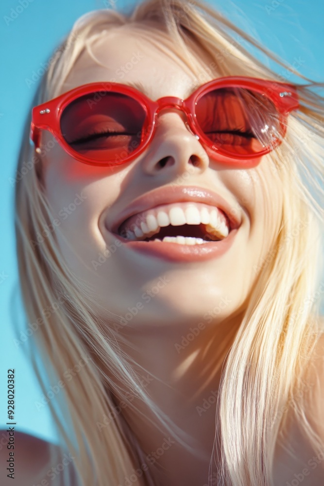 Close-up of a smiling blonde woman with long hair, wearing red sunglasses against a bright blue sunlit background, capturing a natural, happy moment as if sunbathing on the beach.