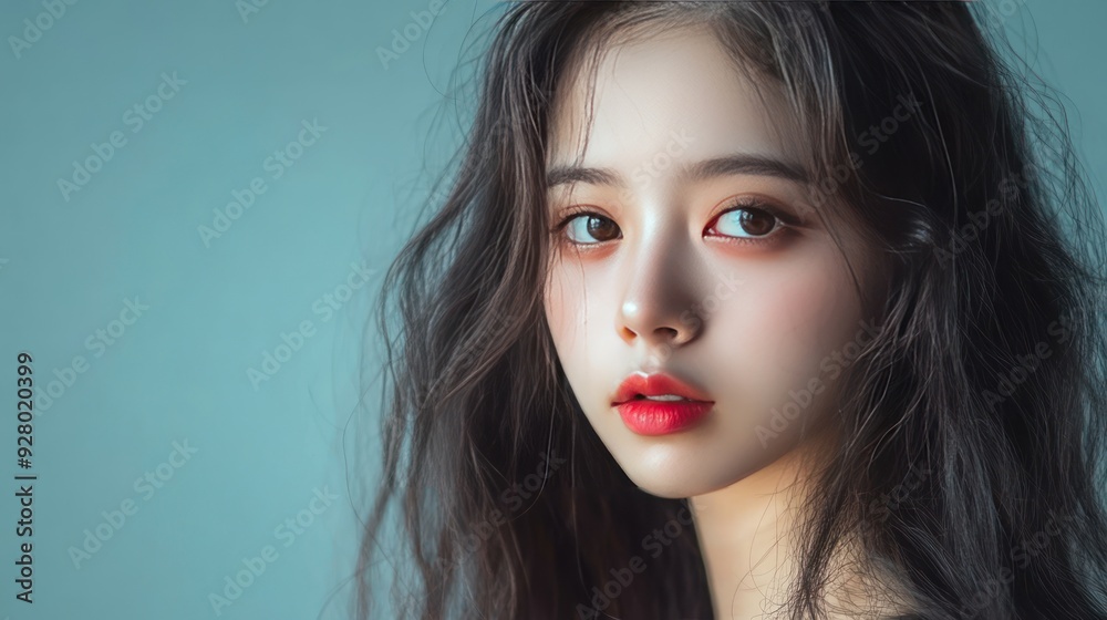 Close-up portrait of a young woman with long dark hair and red lipstick. Close-up portrait of a young woman with long dark hair and red lipstick.