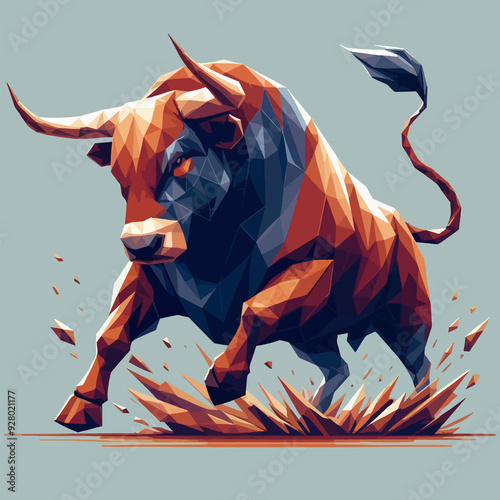 A bull is running with its horns raised, creating a sense of power and strength