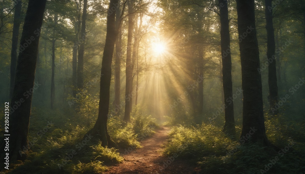 Fototapeta premium Golden sunlight illuminates a misty forest path