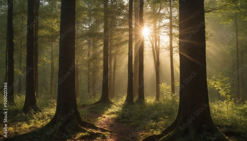 A golden dawn illuminates a misty forest A golden dawn illuminates a misty forest