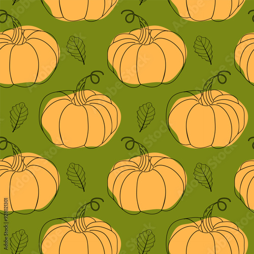 Seamless pattern of pumpkins and leaves in doodle style on green background. Vector illustration