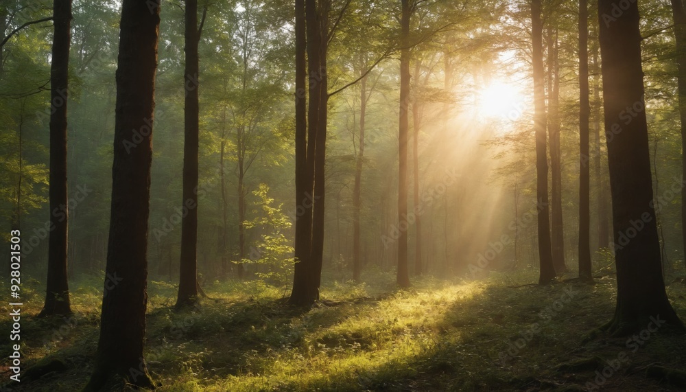 Sunbeams dappling through the trees in a misty morning forest Sunbeams dappling through the trees in a misty morning forest