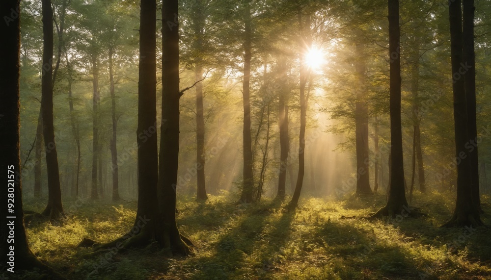 Sunbeams dappling through the trees in a misty morning forest