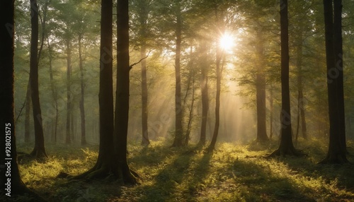 Sunbeams dappling through the trees in a misty morning forest