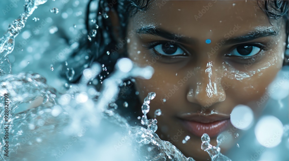 Closeup portrait of a woman's face with water splashing around her. Closeup portrait of a woman's face with water splashing around her.