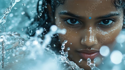 Closeup portrait of a woman's face with water splashing around her.