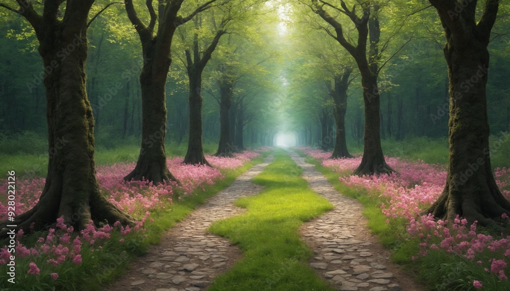 Sun-dappled path through a springtime forest, leading to a misty horizon Sun-dappled path through a springtime forest, leading to a misty horizon