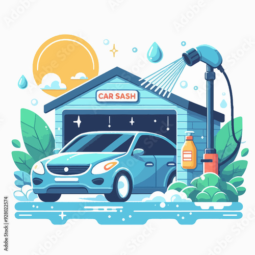 A car wash is shown in a cartoon style drawing