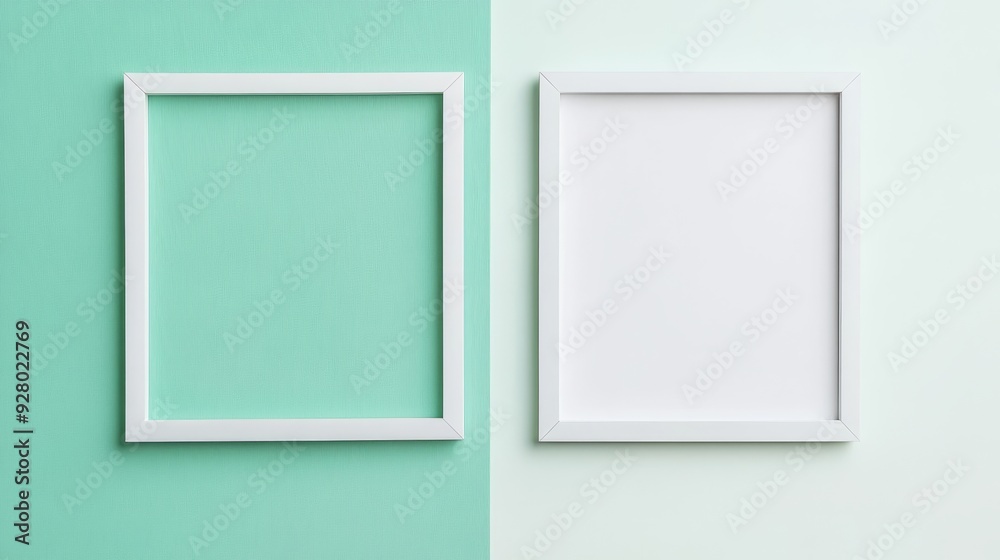 Two white picture frames on white and green background Two white picture frames on white and green background
