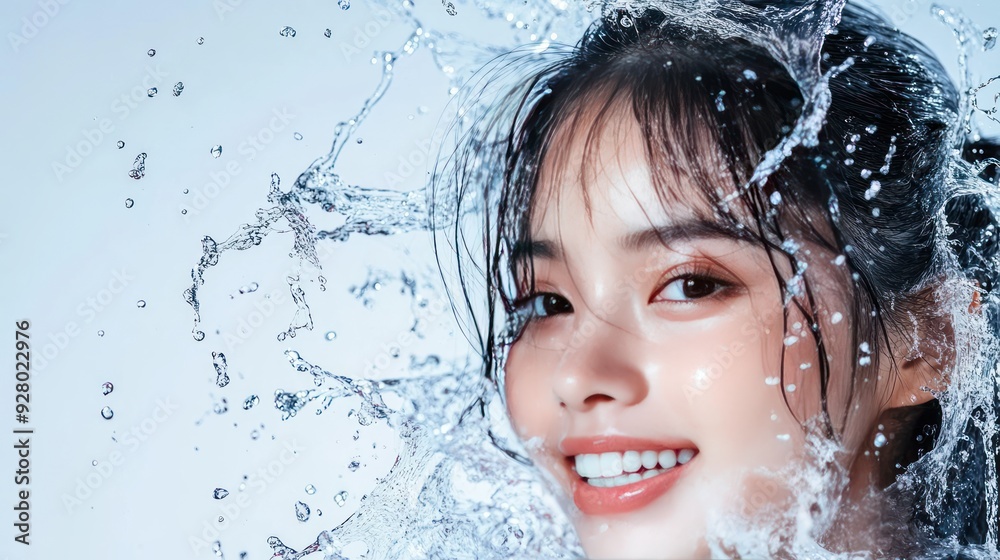 Close-up of a beautiful woman with long black hair and a bright smile, surrounded by splashing water. Close-up of a beautiful woman with long black hair and a bright smile, surrounded by splashing water.