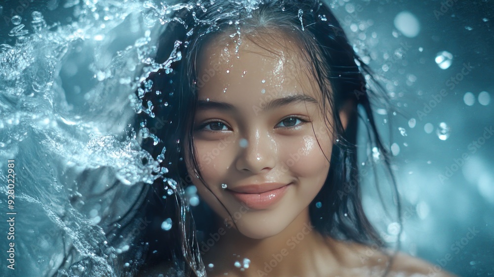 Close up portrait of a young woman with long dark hair and a beautiful smile, surrounded by water drops and splashes. Close up portrait of a young woman with long dark hair and a beautiful smile, surrounded by water drops and splashes.