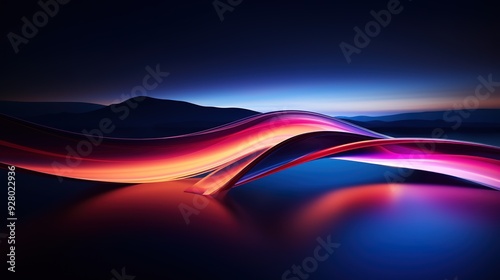 Abstract colorful wave design with dark silhouette mountains and a blurred sunset sky.